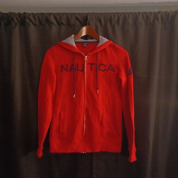 Nautica Red Full-Zip Hoodie Sweatshirt XS Embroidered Logo Striped Hoodie - Picture 2 of 5